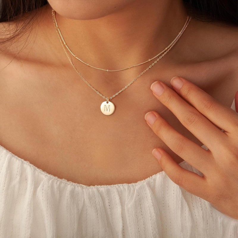 IEFWELL Valentines Gifts - Initial Necklaces for Women Girls, 14K Gold-Plated Silver Double Side Engraved Hammered Coin Necklaces, Layered Necklace Jewelry Pendant for Teen Girls - Image 3